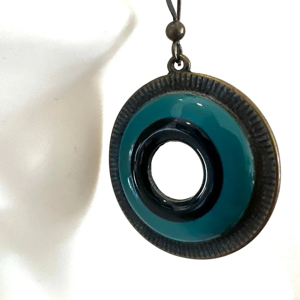 Brass & Enamel Circle Dangle Earrings Green - Image 3