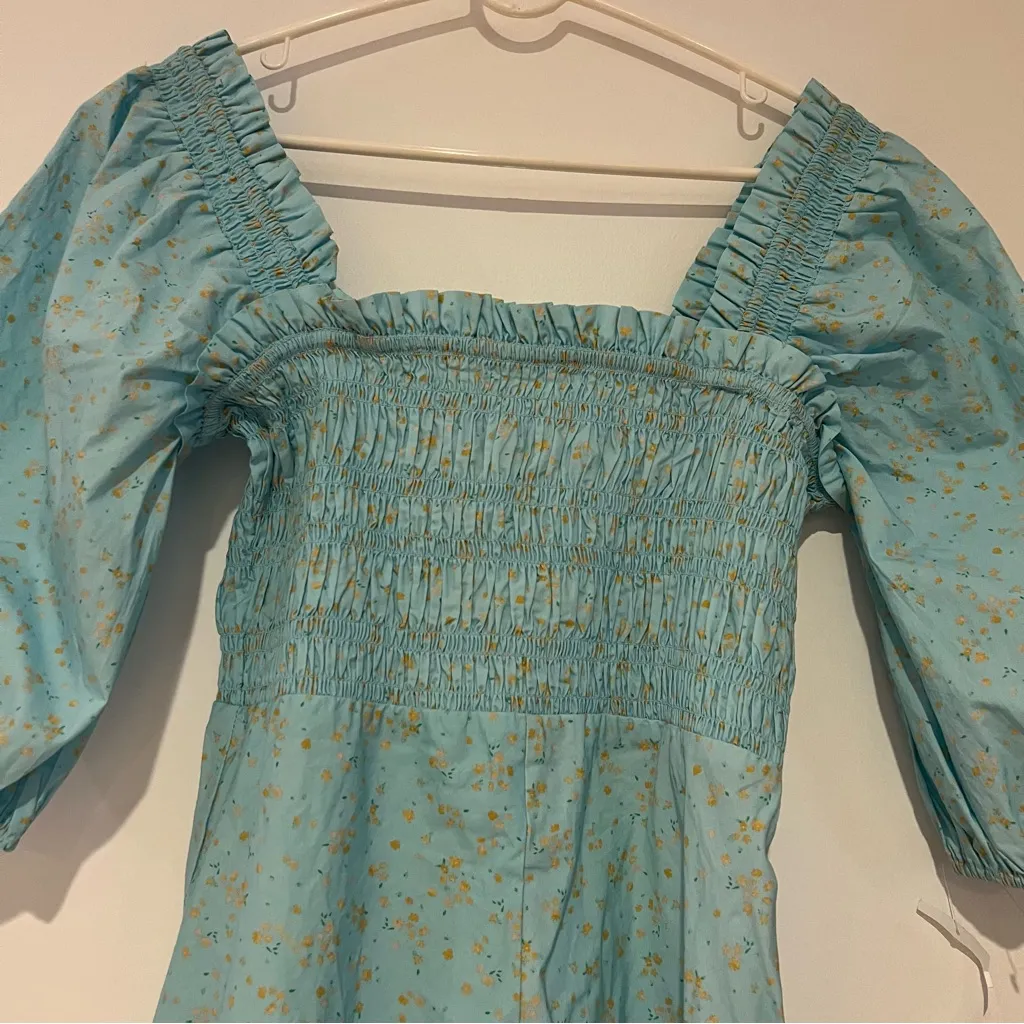 Ganni Shirred Floral Cotton Poplin Mini Blue Dress - Image 5