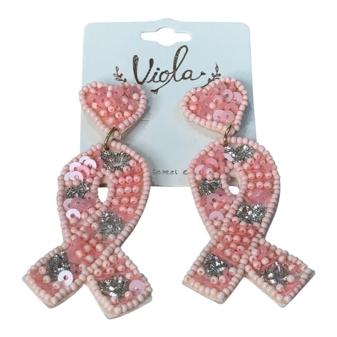 Pink Ribbon Earrings Heart Beaded Sequin Dangle Drop Breast Cancer Awareness - Image 2