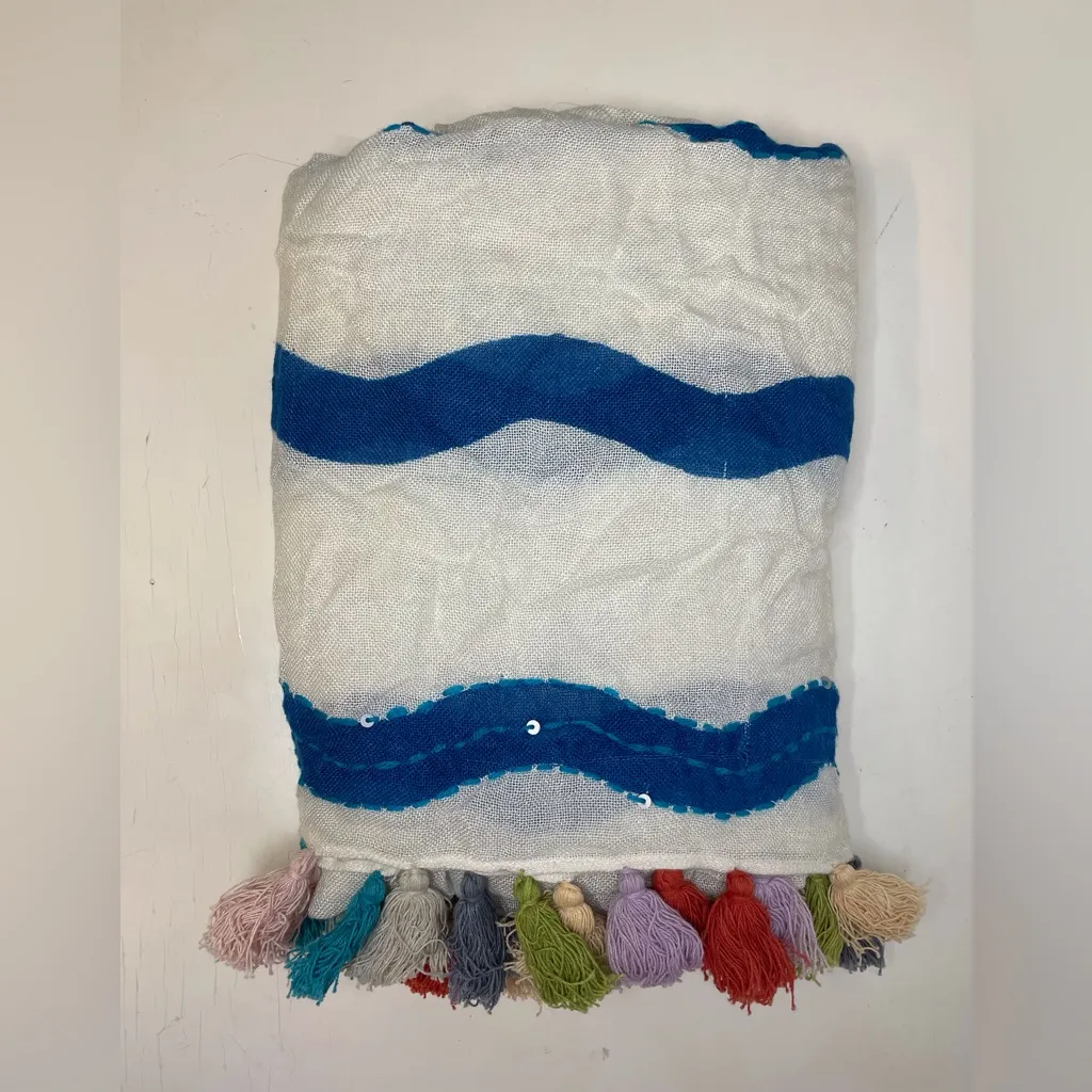 Renee’s NYC‎ Accessories Y2K Viscose Blue and White Striped Scarf with Tassels - Image 4