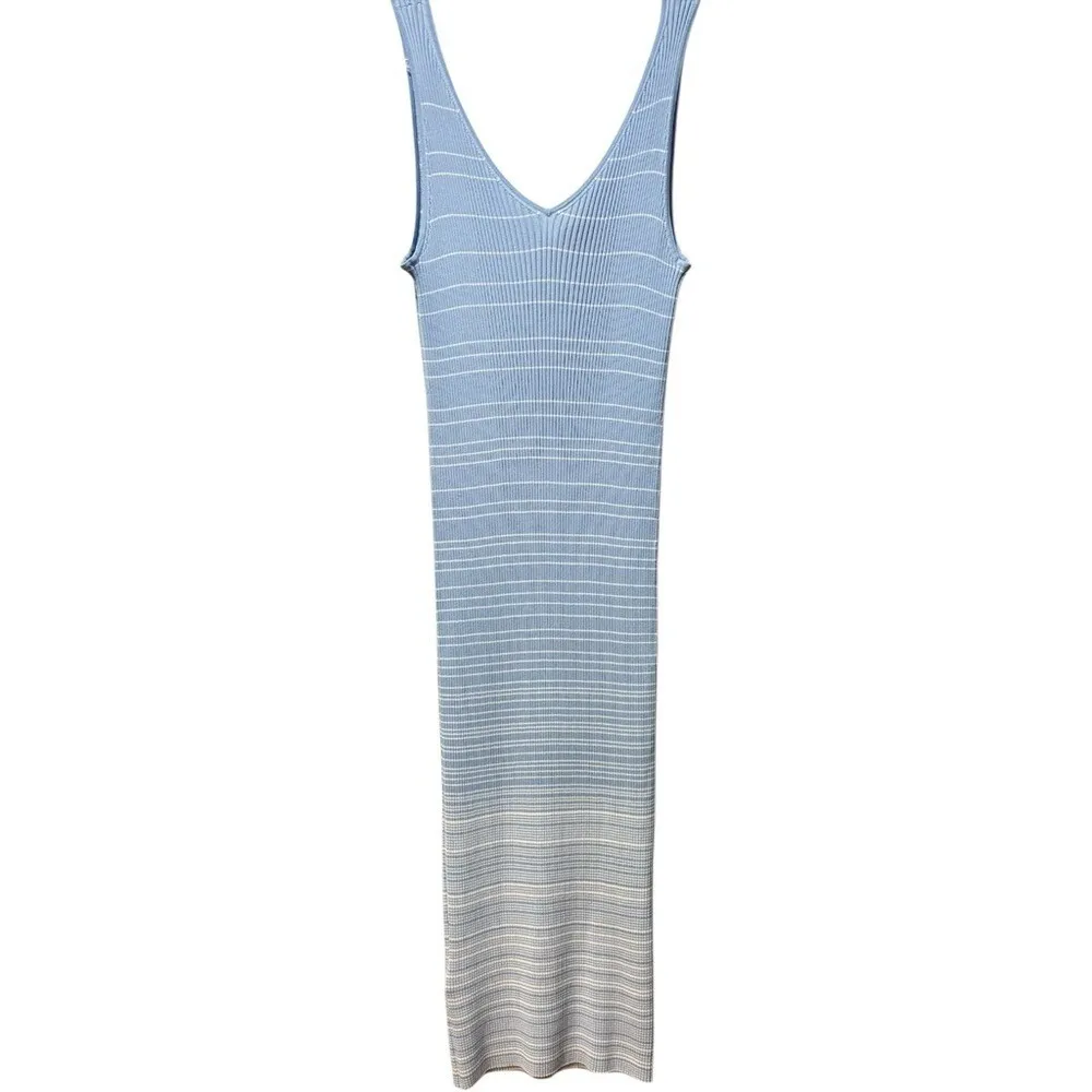 Staud Dana Ribbed Knit Light Blue / White Striped Sleeveless Midi Dress Large - Image 5