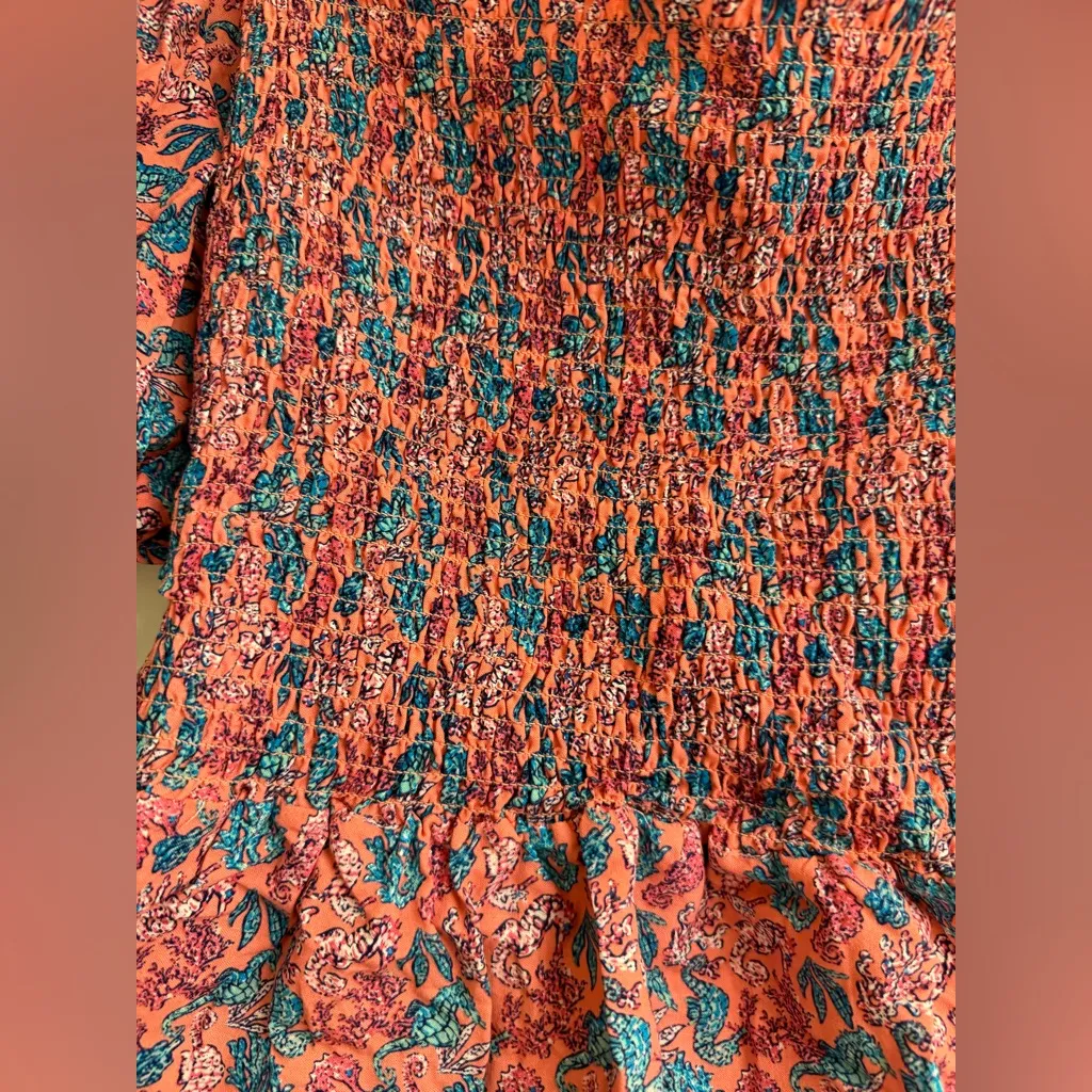 Simply Southern Pink Coral Blue Seahorse Shirred Smocked Blouse Top - size XL - Image 2