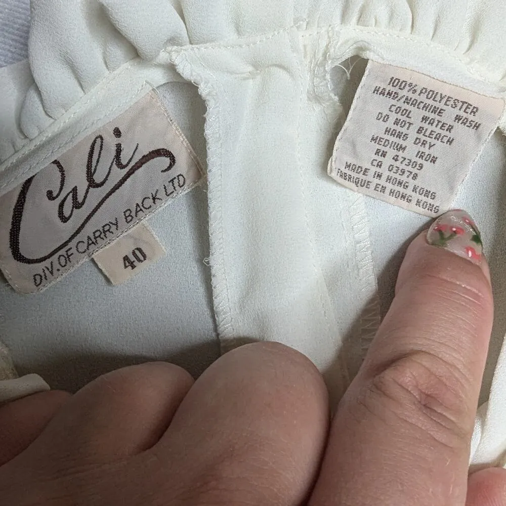 Vtg 1980s Cali Ivory Floral Applique Ruffle Cuff Back Button Blouse 40 XL - Image 5