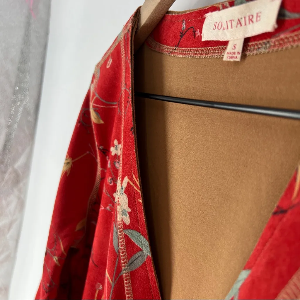 Solitaire Floral Print Faux Suede Cropped Flare‎ Sleeve Long Line Kimono Jacket - Image 4