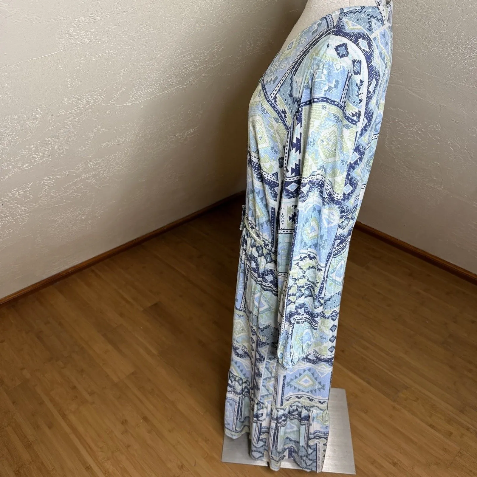 Canyon Retreat Mesa Midi Dress Womens Medium Blue Print Tiered Long Sleeve - Image 9