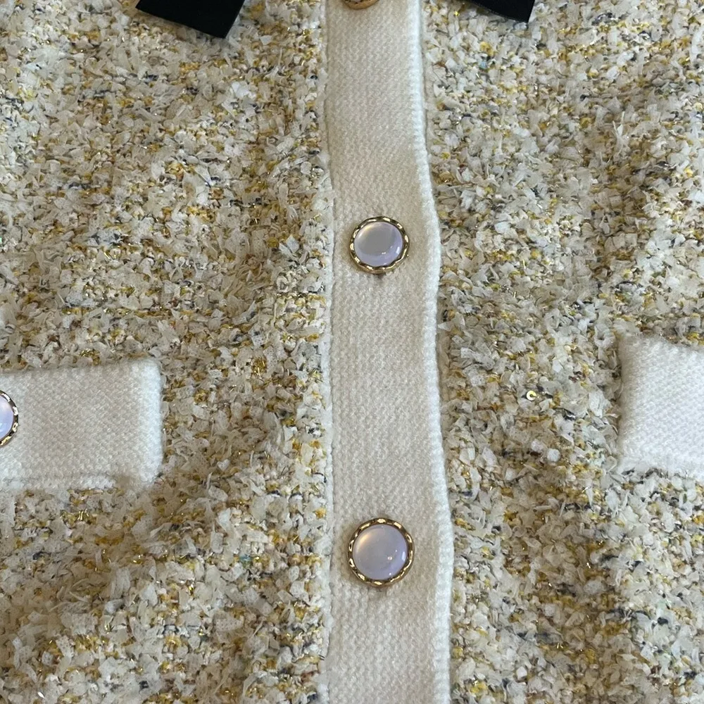 NWT Urban Revivo Cropped Bow Cardigan Short Open Front Crew Neck Pearl Button 12 Yellow - Image 5