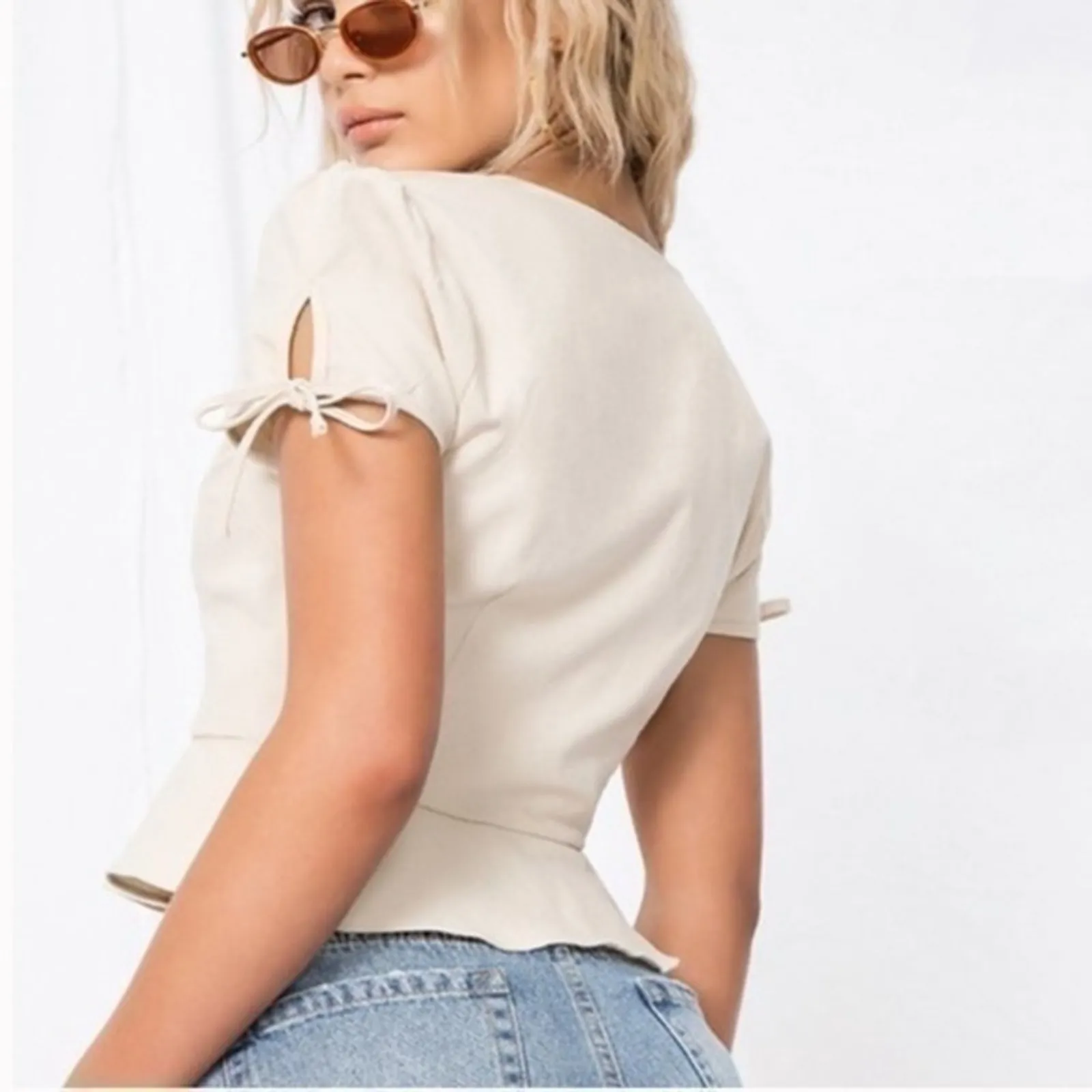 superdown x REVOLVE Alana Button Front Top Toast beige peplum size S - Image 4