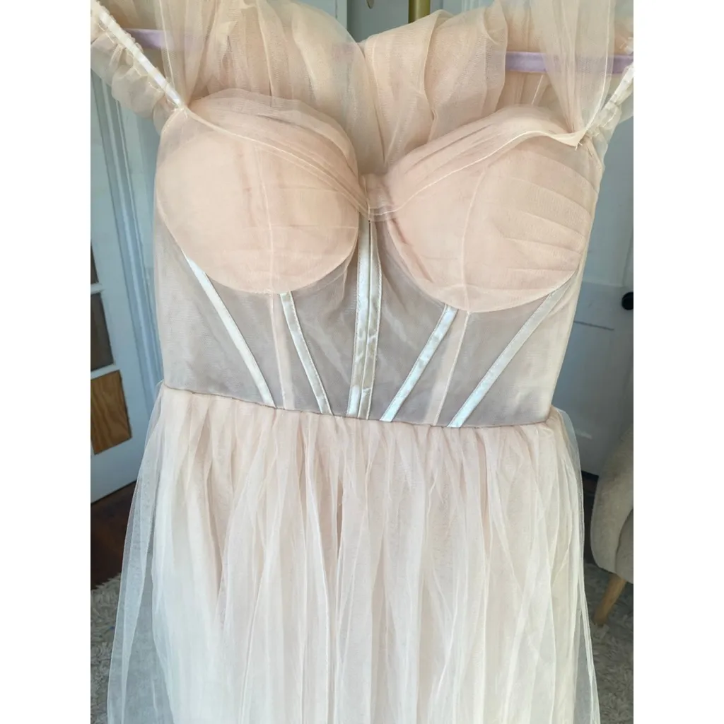 Nude Blush Tulle Corset Maxi Dress Sheer Wedding Prom Gala Coquette Romantic 2 Pink Size XS - Image 13