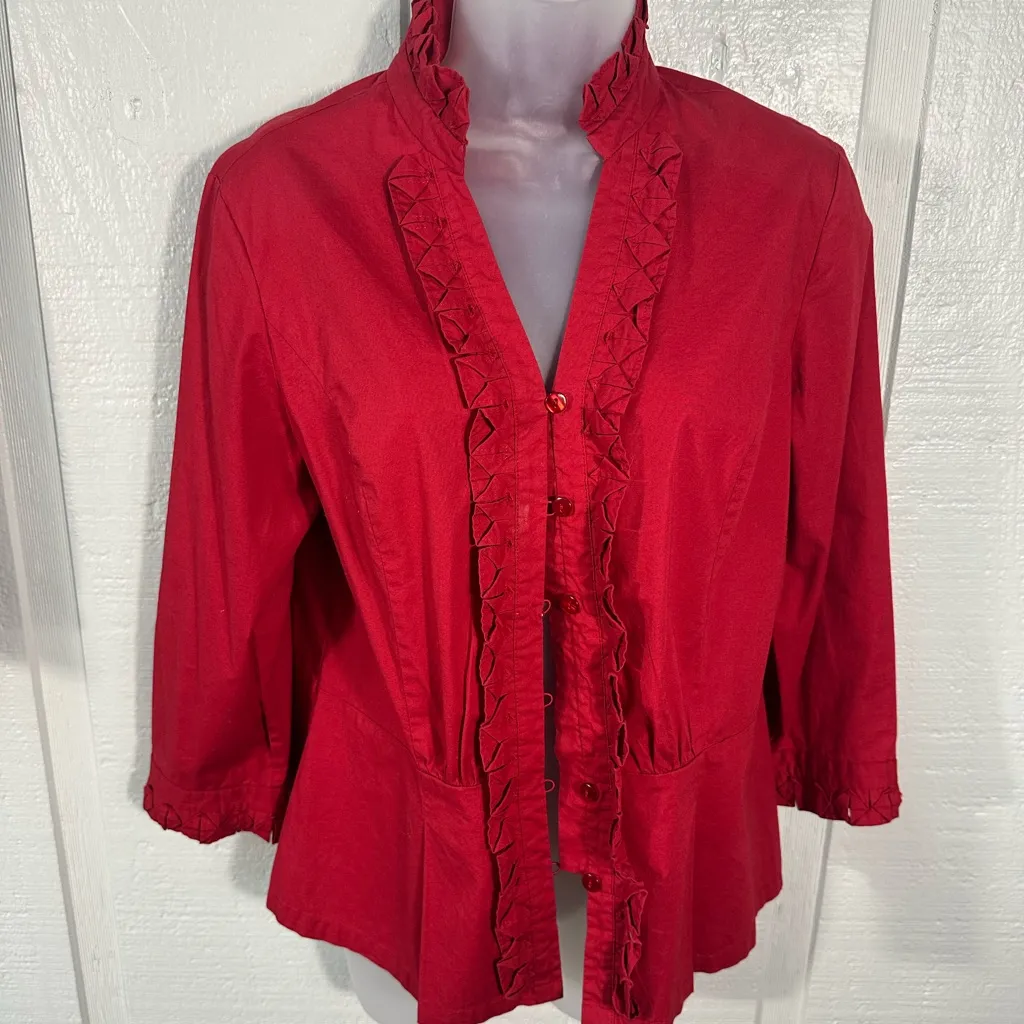 Peck & Peck Red Long Sleeve Button Down Ruffle Front Top Size Medium EUC - Image 3