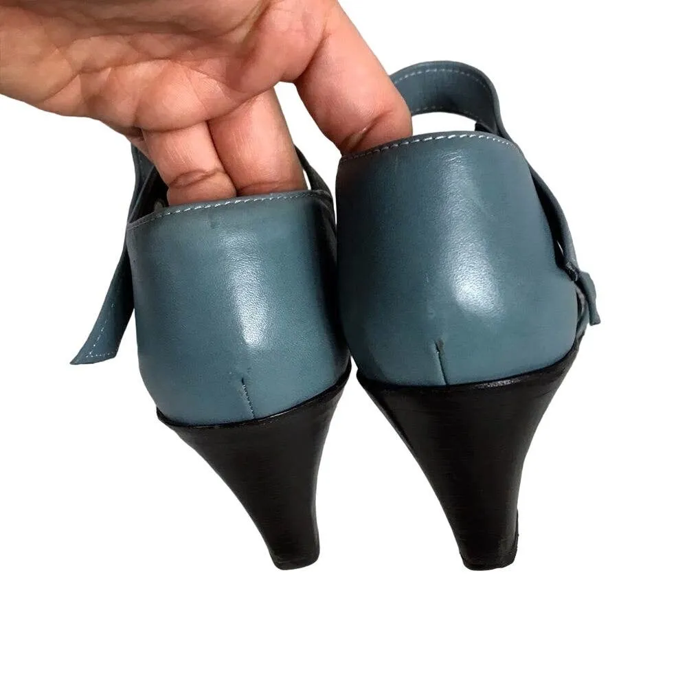 VINTAGE CHARLES JOURDAN Blue Leather Sandals Block Heels Italy 7.5 AA Narrow EUC - Image 8