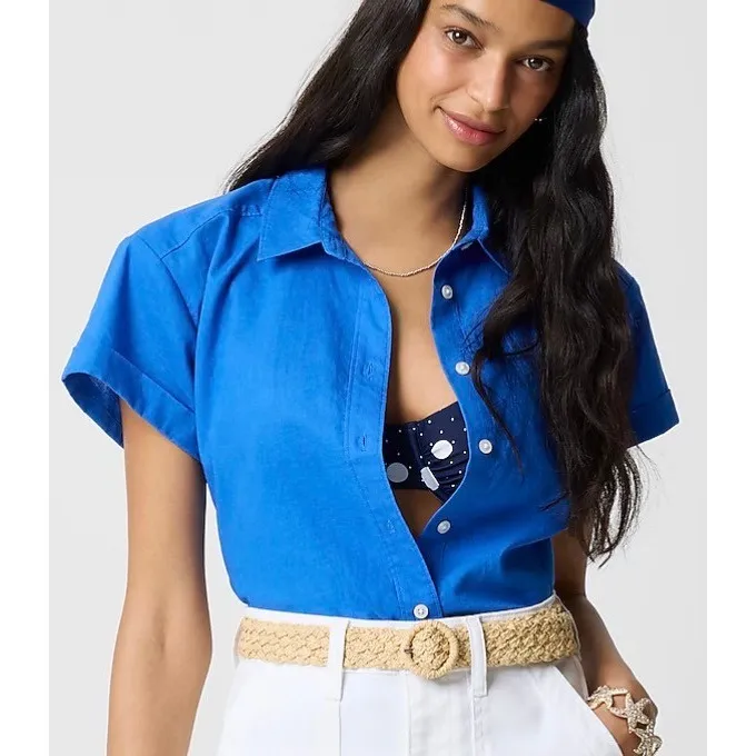 J. Crew Crew Women's Blue Linen Blend Button Up Short Sleeve Shirt M Medium New - Image 2