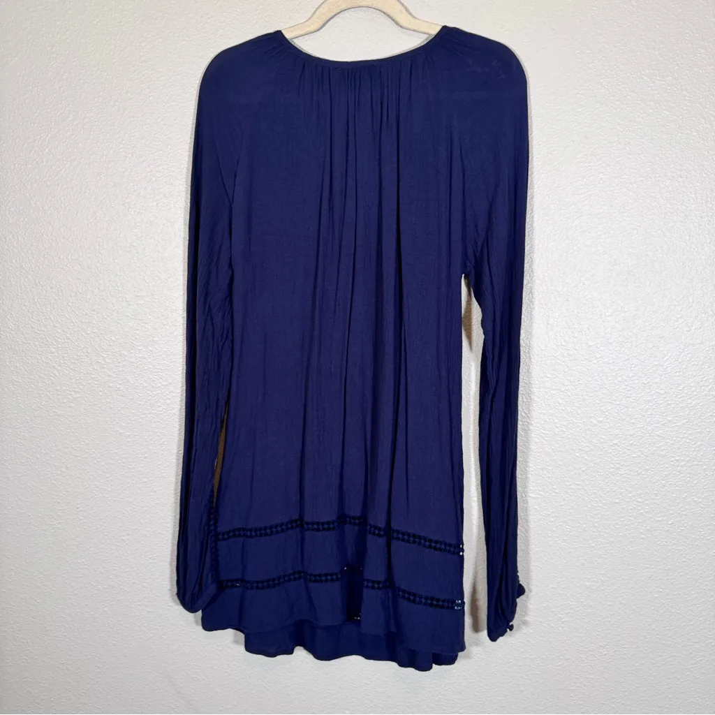 Long Tall Sally Navy Blue Boho Tunic Blouse Womens 10 Crochet Long Sleeve Fall - Image 2