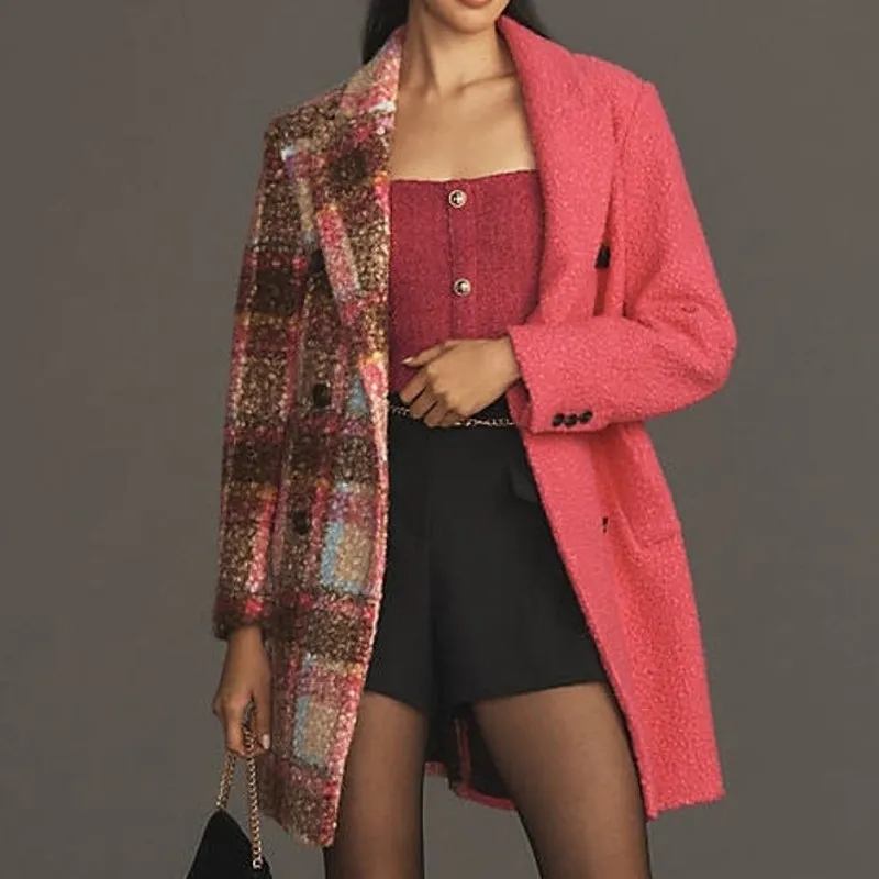 NVLT NWT Anthropologie Pink Colorblock Teddy Longline Boucle Plaid Coat Medium - Image 3