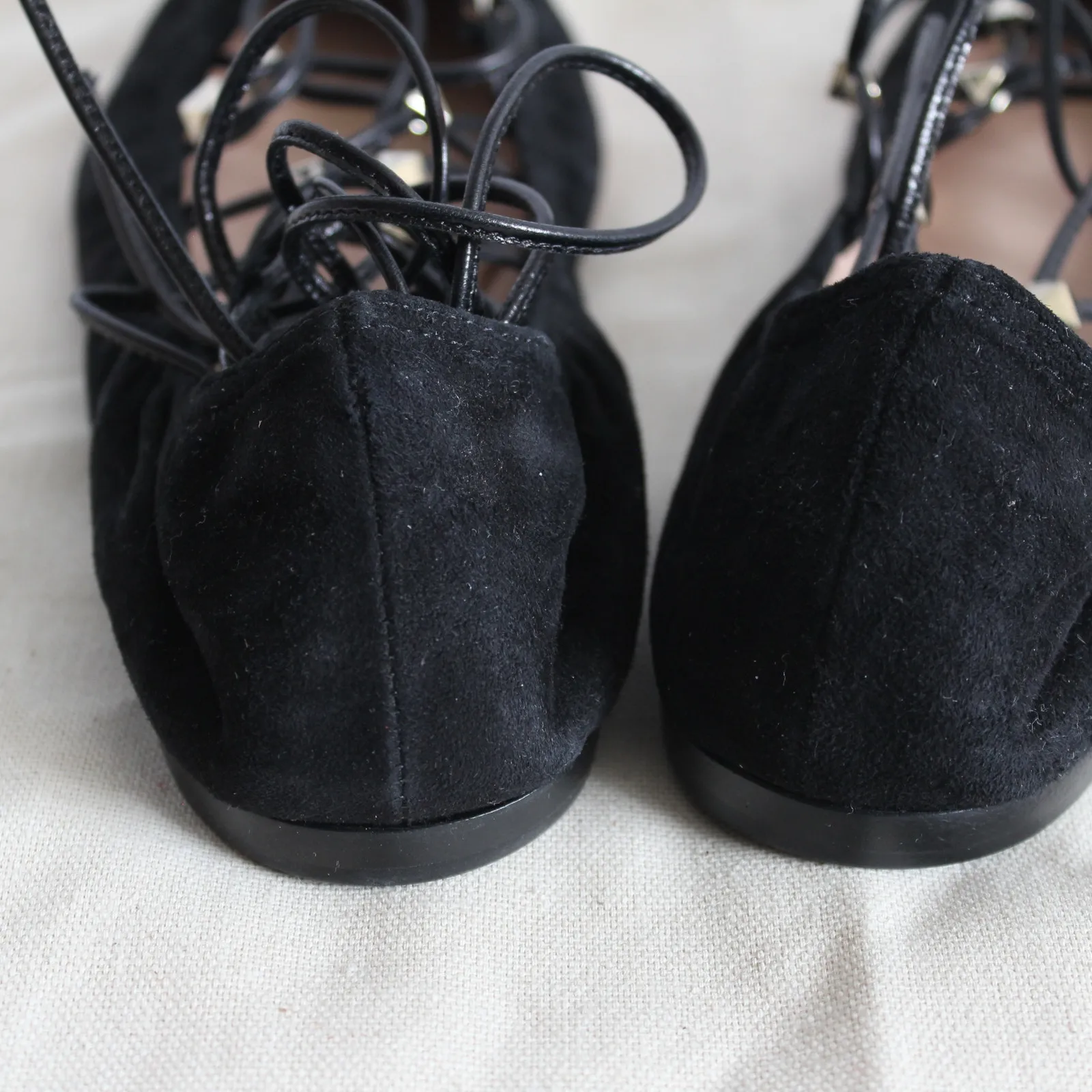 Valentino Black Suede Gold Rockstud Lace Up Ankle-Wrap Pointed Ballet Flat - Image 5