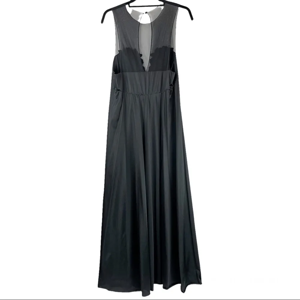 Vintage Vanity Fair Black Satin Maxi Dress Floal Bust Mesh Sz 38 Small Y2K - Image 2