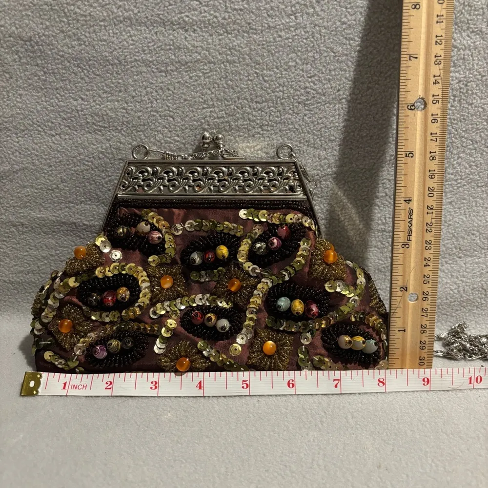 Brown Beaded Clutch Evening Sequin Purse with silver tone art decor frame handle - Image 7