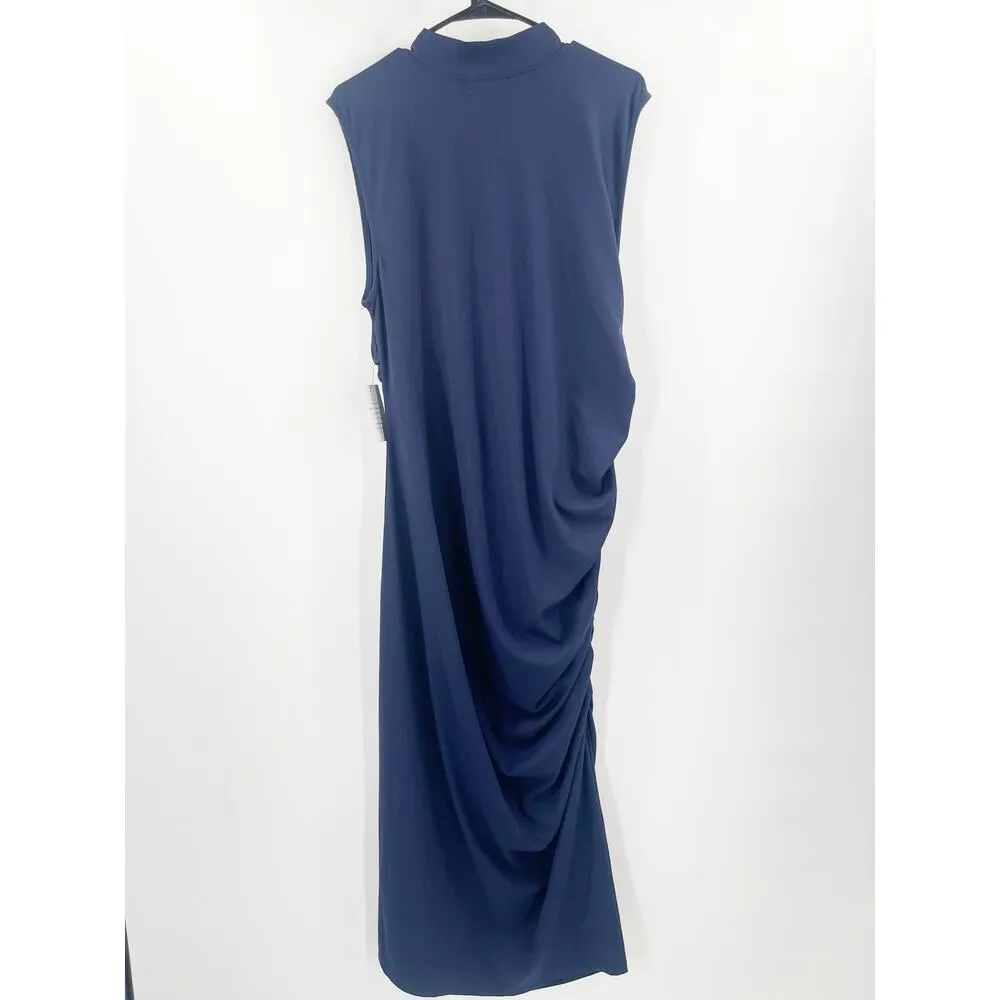 ELOQUII Dress Size 20 Navy NWT Midi Stretch Sleeveless Ruched Bodycon Plus Curvy - Image 3