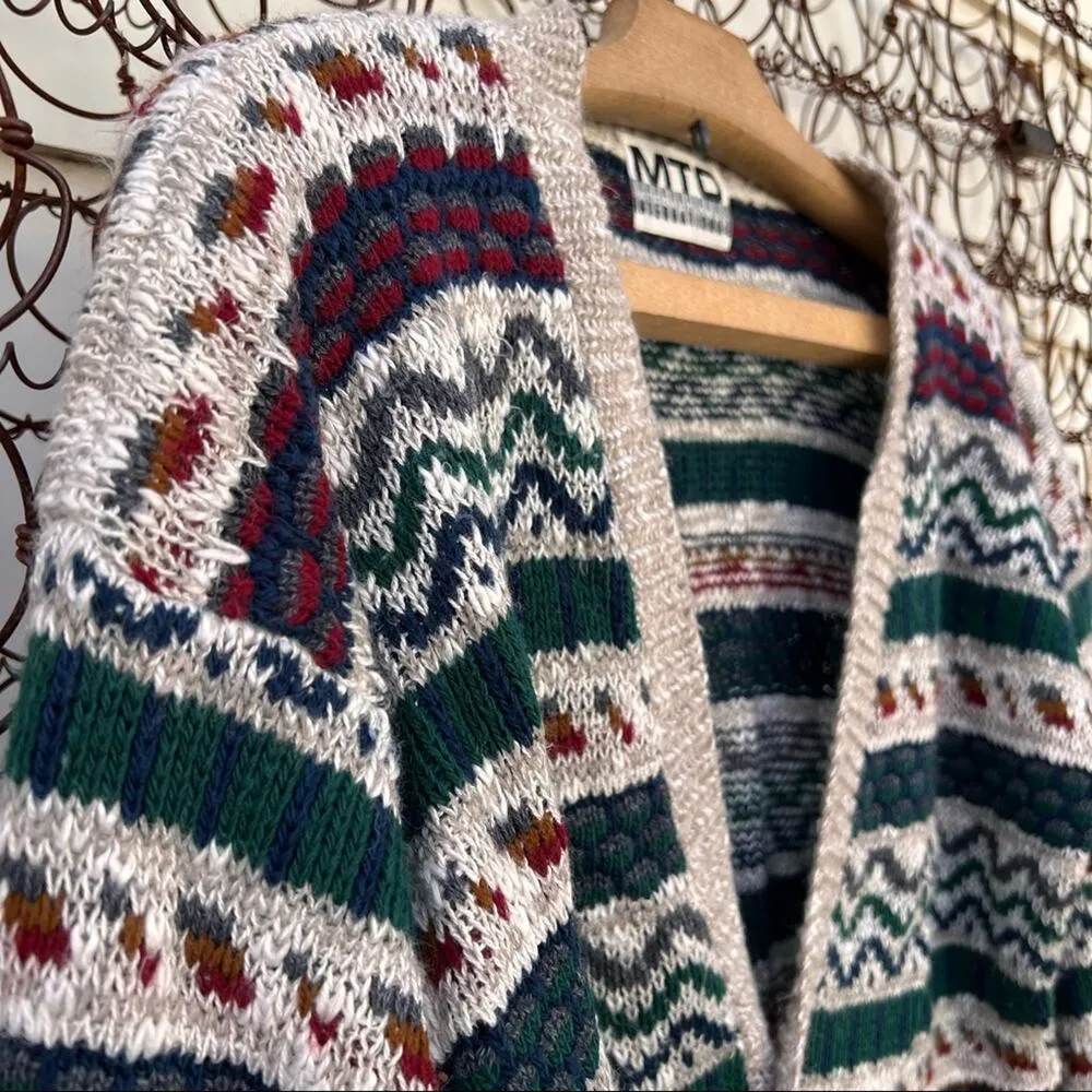 Vintage fair isle abstract stripe muted earth tone button down cardigan sweater Size M - Image 2