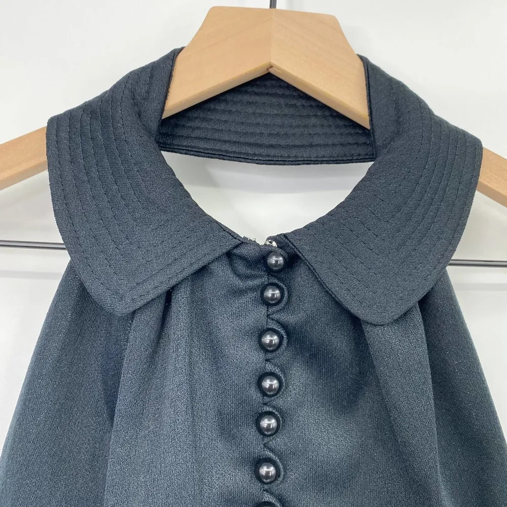 Vintage 60s 70s Halter Midi Dress Collared Button Front Black Womens XS - Image 5