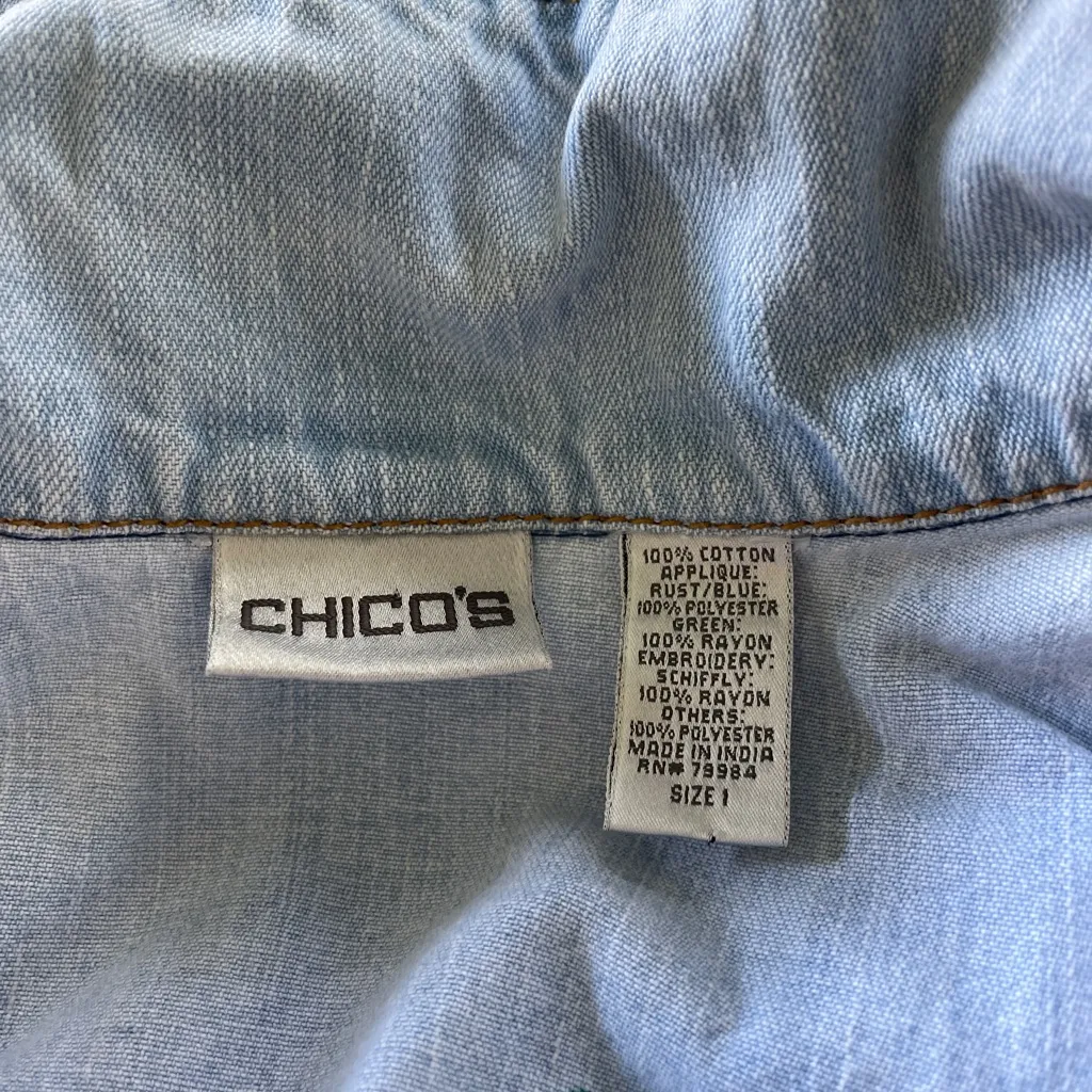 Chicos light wash distressed denim vest with boho patchwork appliqués. Size 1. - Image 9