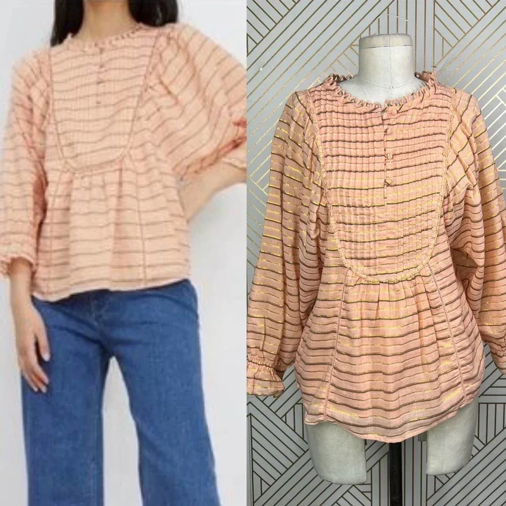 Apiece Apart Cala Bib Top Blouse Metallic Striped Peach Pink Gold Size‎ US 0 - Image 2