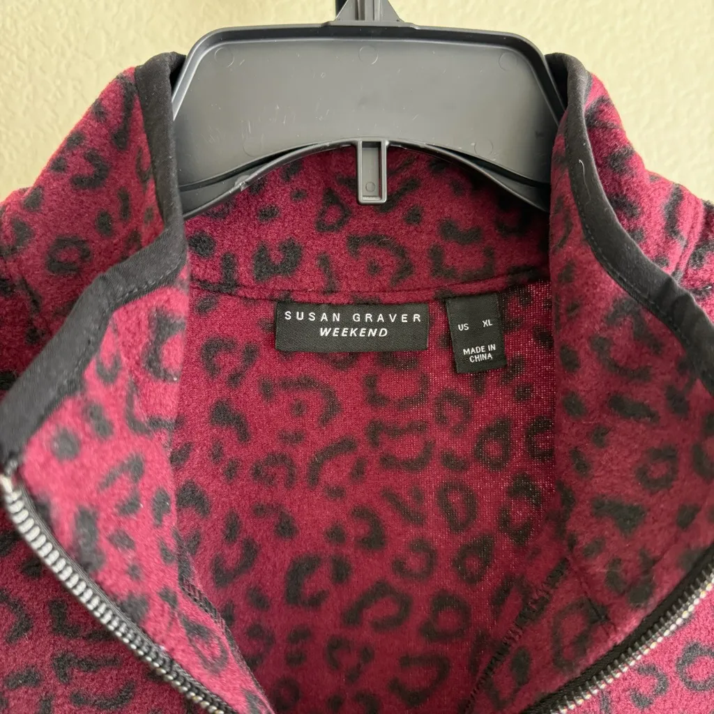 Susan Graver Weekend Burgundy Leopard Animal Print Henley Soft Fleece Pullover - Image 5