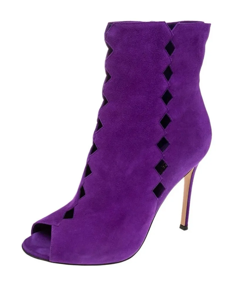 Gianvito Rossi Purple Suede Diamond Cut-Out Peep-Toe Ankle Booties Size 39.5 - Image 1