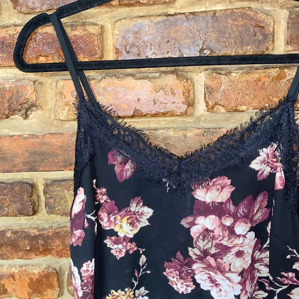 Bar III Black Floral Sleeveless Lace Trim Camisole Cami Tank Top Women's Small - Image 2