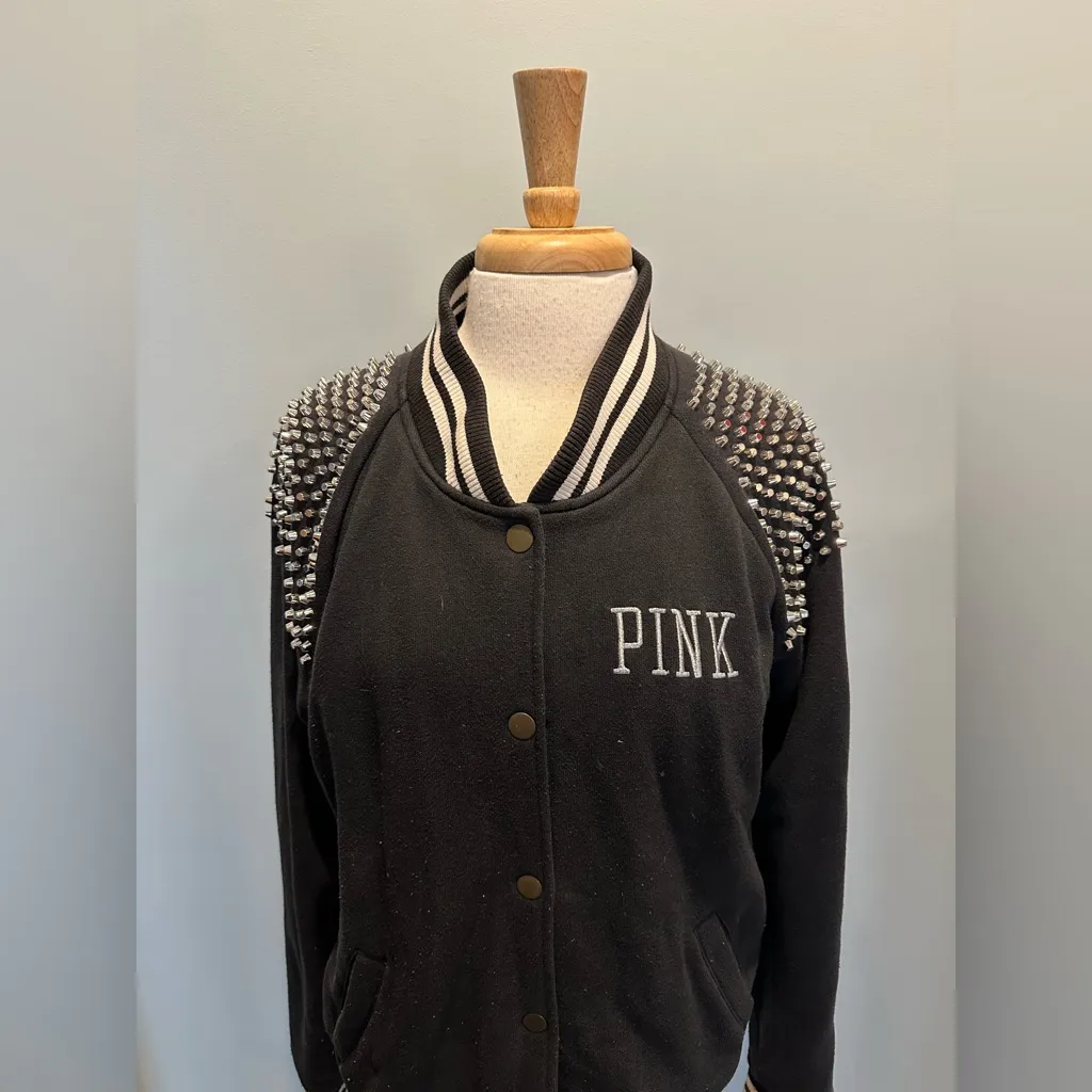 Victoria Secret PINK vintage rare black studded varsity bomber jacket size Large - Image 9