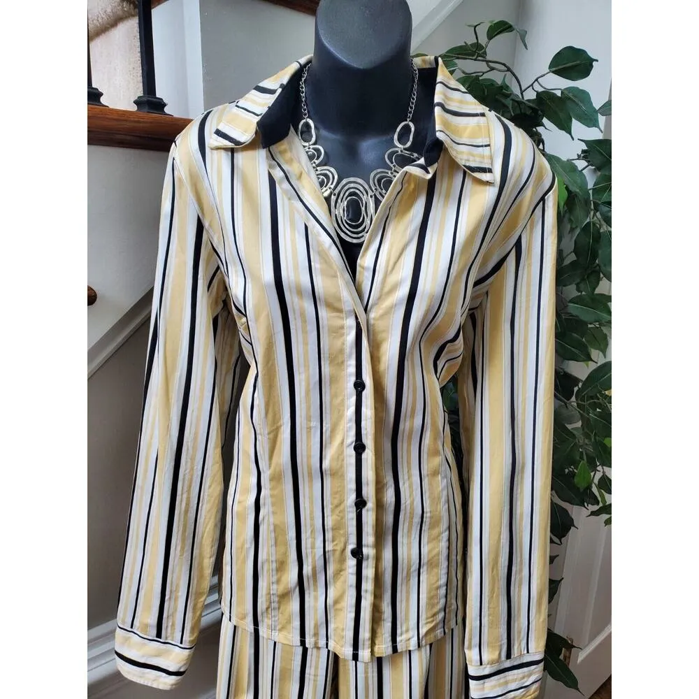Sport Collection Striped Long Sleeve Collared Shirt & Pant 2 Piece Suit Size M Yellow Size M - Image 3