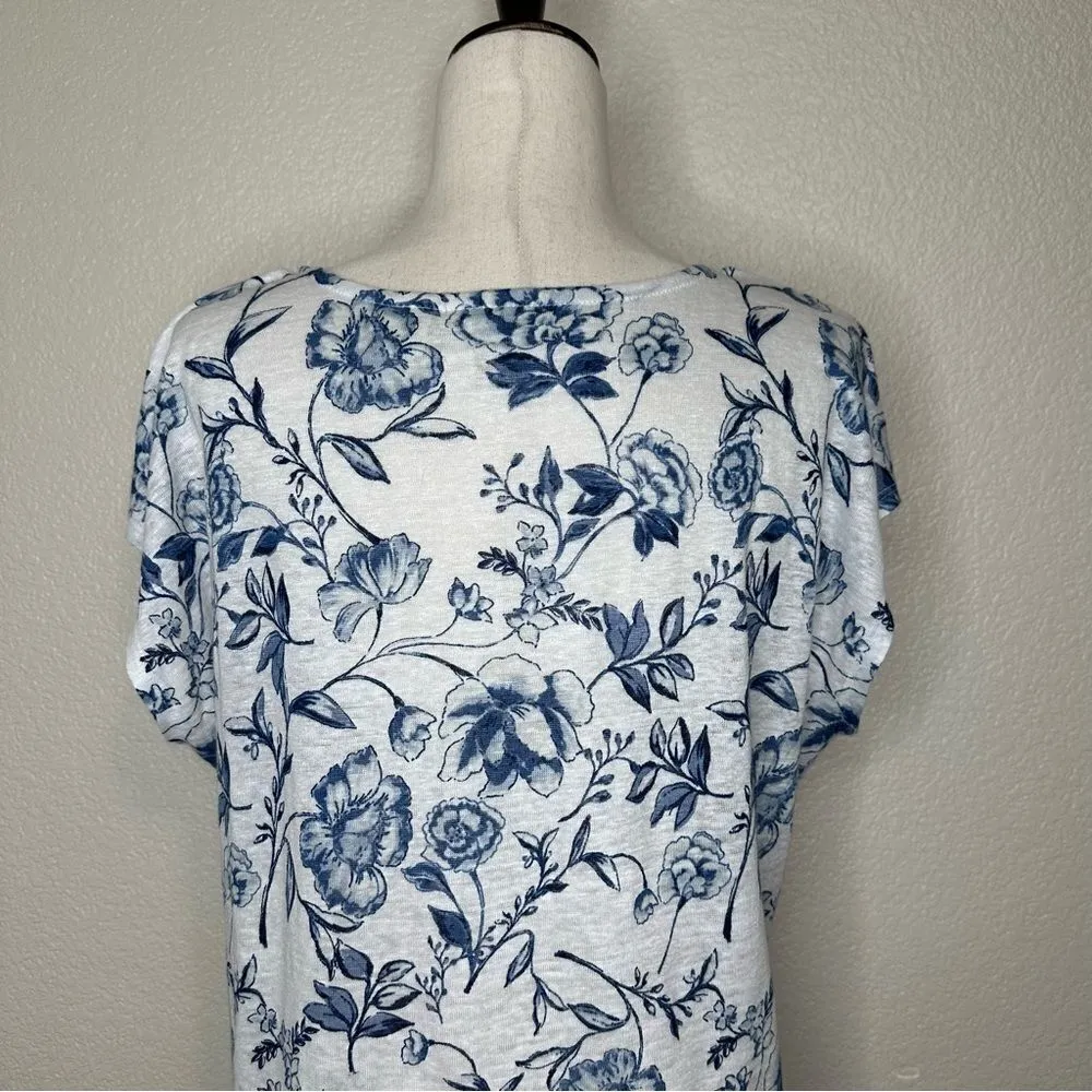 Cynthia Rowley 100% Linen Blue White Floral Cap Sleeves Top - Image 7