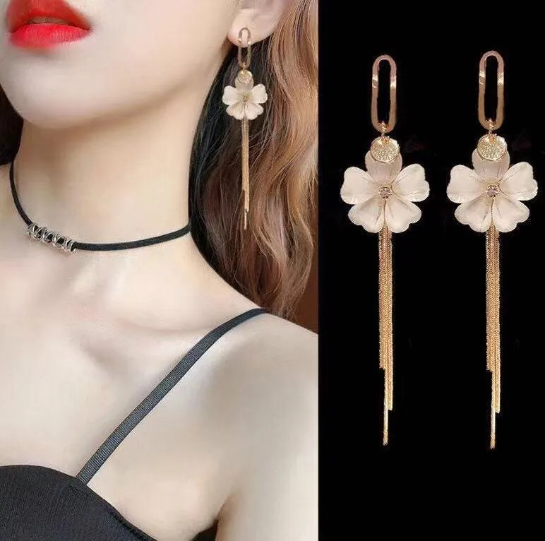 Women’s Crystal Flower Long Tassel Dangle Drop Earrings Gold - Image 3