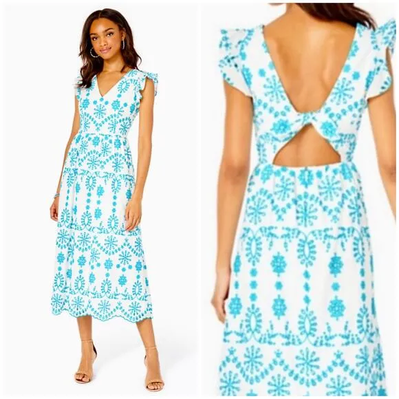Lilly Pulitzer Lillyanne Eyelet Tie Back Midi Dress Neon Turquoise Oasis - Image 2