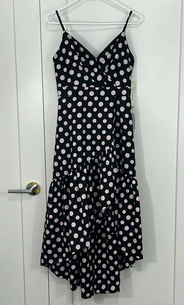 New Eliza J Size 2 Black, Pink Polka Dot Midi V-Neck Asymmetrical Hem Dress - Image 4