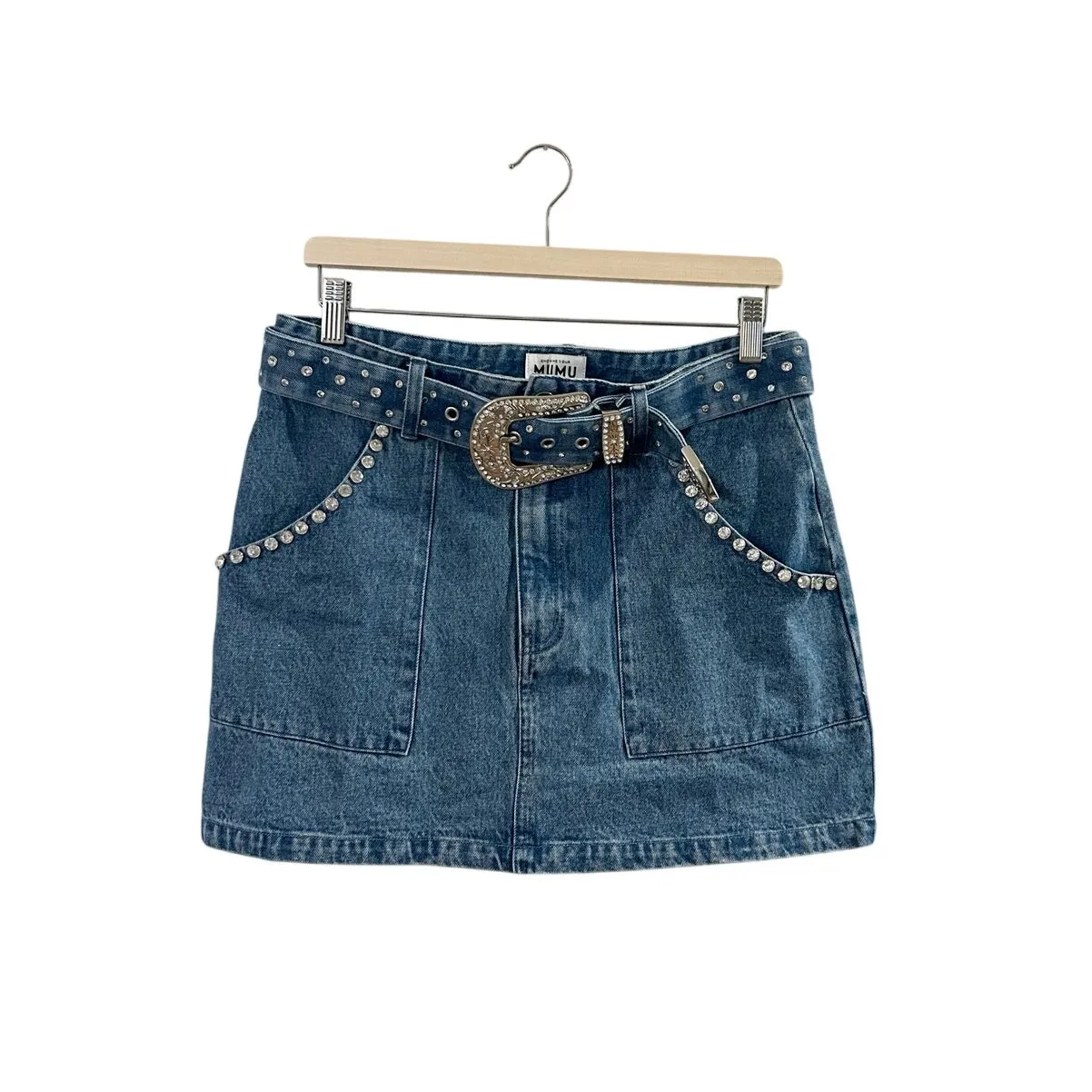 Show Me Your Mumu Shania Skirt in Indigo Rhinestone Denim L NWT - Image 5