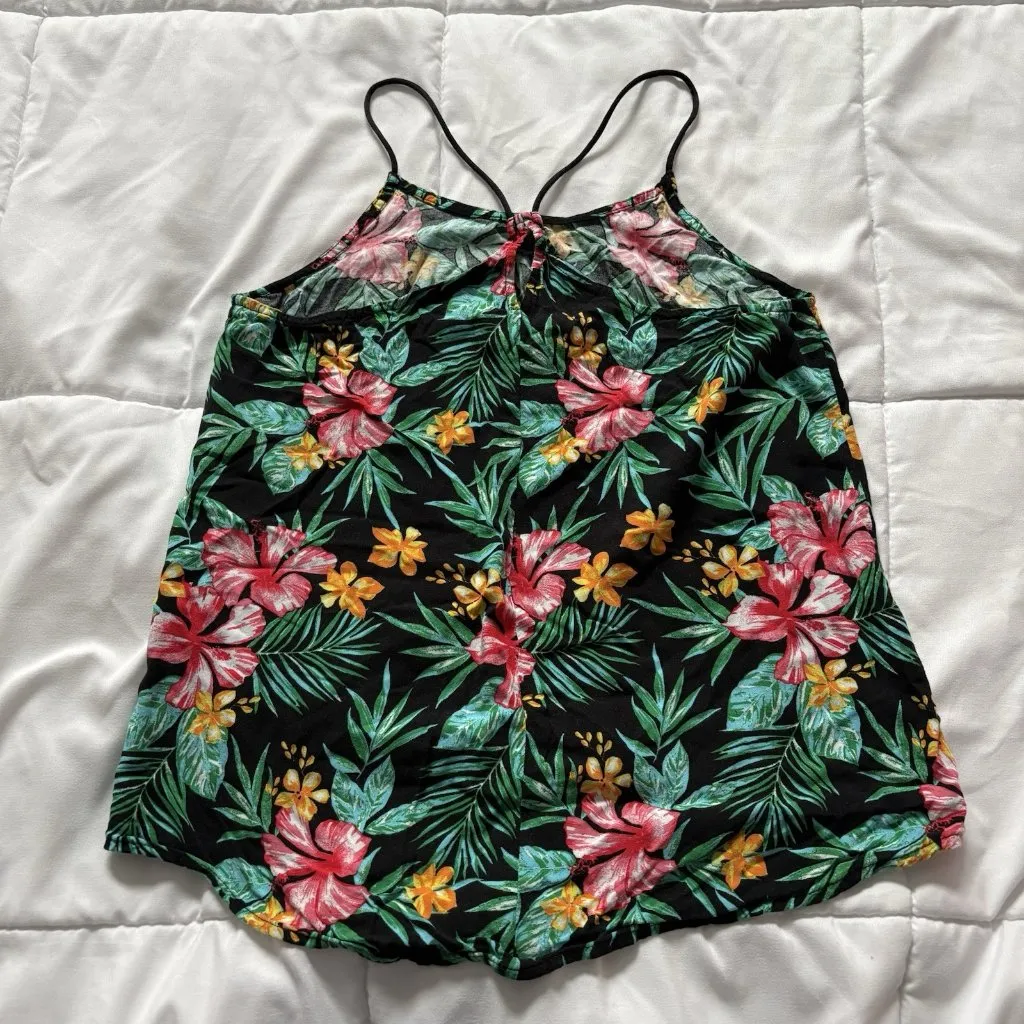 Womens Size Medium Black Green Tank Top Blouse Hawaiian Summer Beach Floral - Image 6