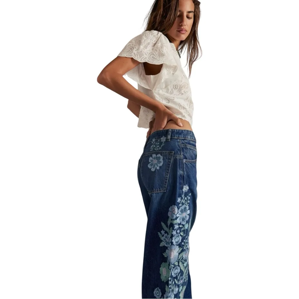 NWT Free People x We The Free Willow Floral Blue Embroidered Boyfriend Jeans 26 - Image 4