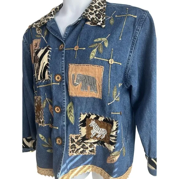 Vintage New Directions Women Medium Embroidery‎ Animal Print Blue Denim Jean - Image 3