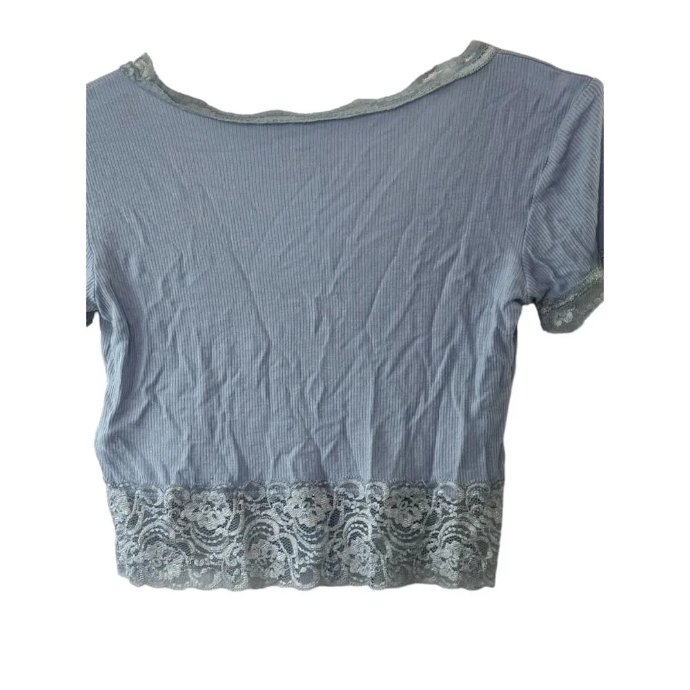 American Eagle Baby Blue Cropped & Ribbed Lacey Henley Short Sleeve Top Small - Image 10
