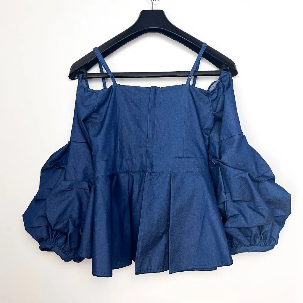 Gracia Navy Blue Cold Shoulder Blouse, Peplum Waist, Women's Size M - Image 3