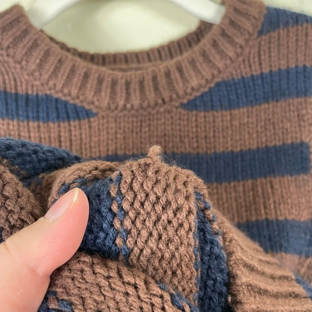 Evereve Brown and Navy Gracen Stripe Two-Fer Cotton Puff 3/4 Sleeve Sweater Vest - Image 6