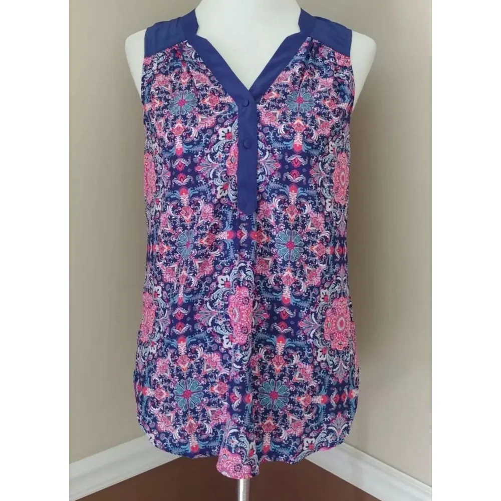 Modcloth Blue & Pink Boho Floral Fleur De Lis Medallion Sleeveless Blouse NEW - Image 2