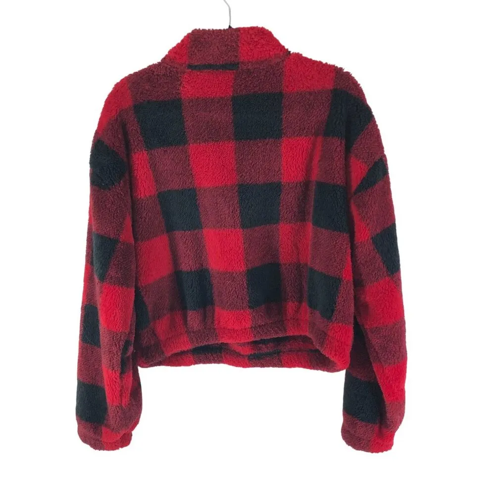 So Womens Juniors Fleece Sherpa Crop Top Buffalo Plaid Red Black L - Image 2