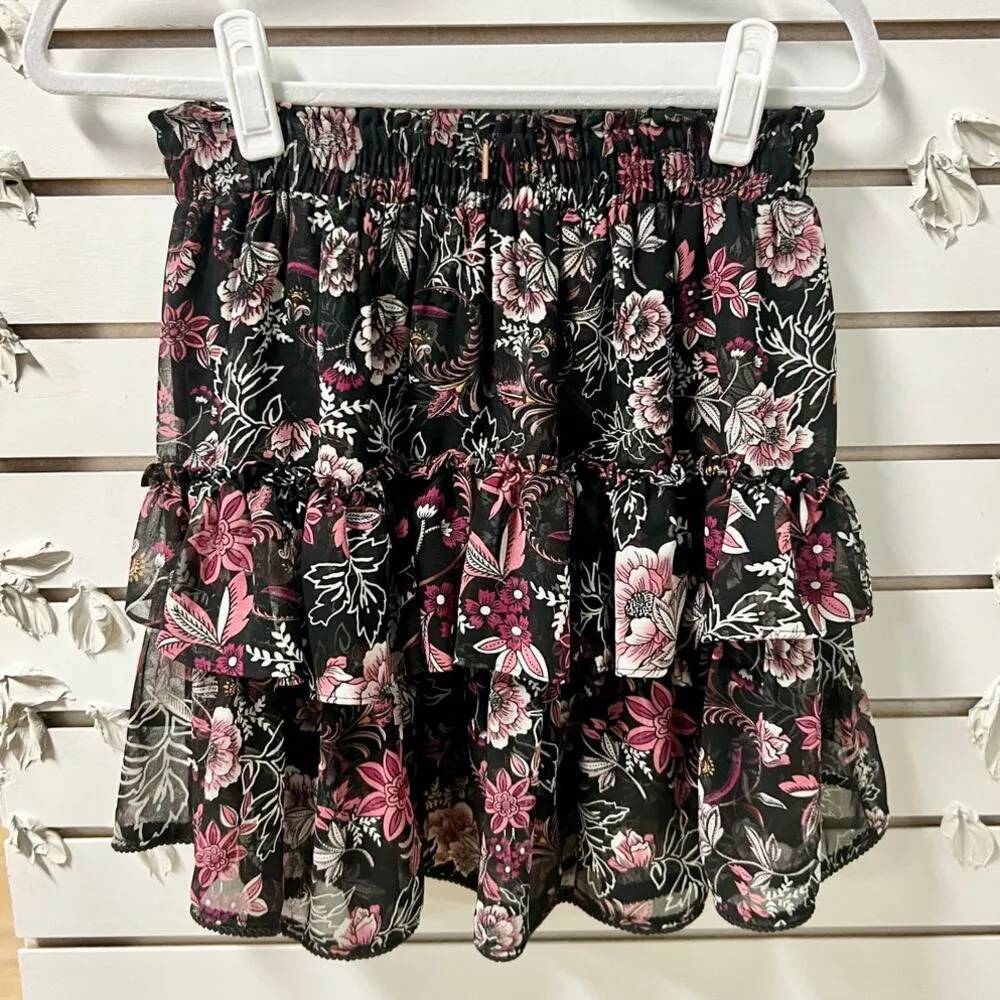 MISA Los Angeles Ceria Pull On Ruffle Tiered Mini Skirt Black Fuchsia Floral M - Image 7