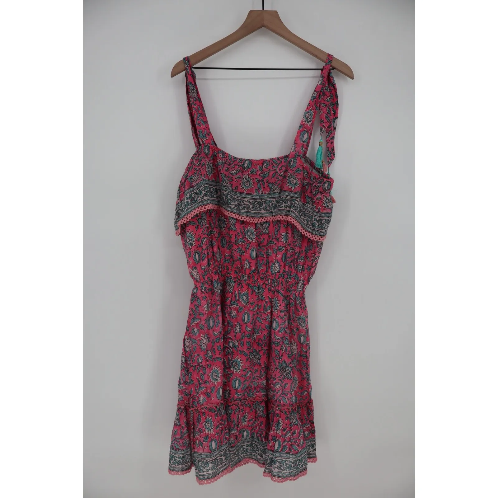 ALICIA BELL Floral Print Tassel Tie Shoulder Dress XL Red Blue Silk Cotton - Image 9