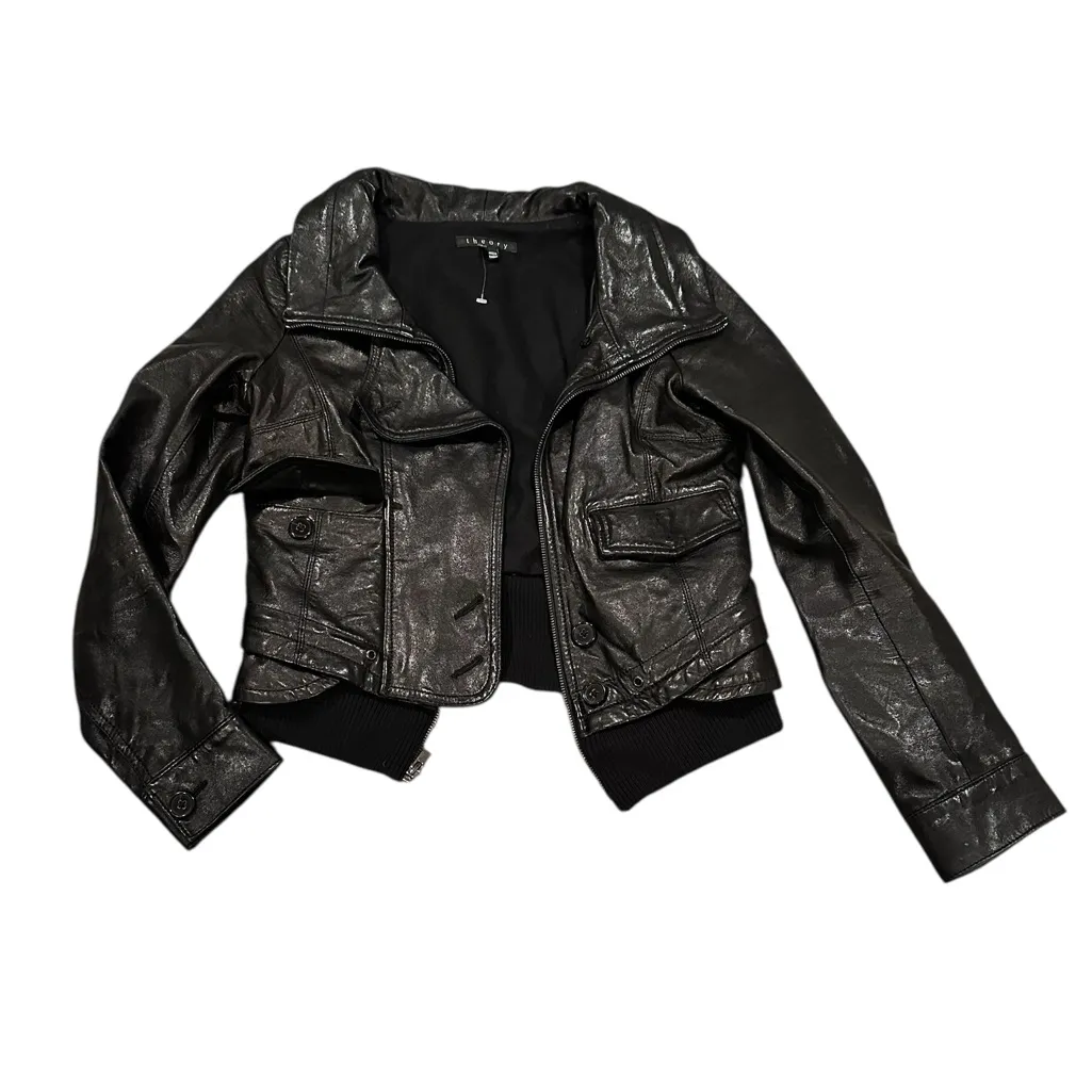 Theory Black Soft Lamb Leather Ribbed Borie Tame Jacket with Hidden Hood S - Image 5