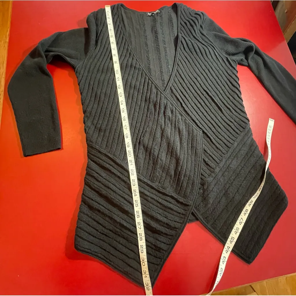 Eileen Fisher Cardigan womens L Wool Blend Rib Knit Drape Front Black Minimalist - Image 6