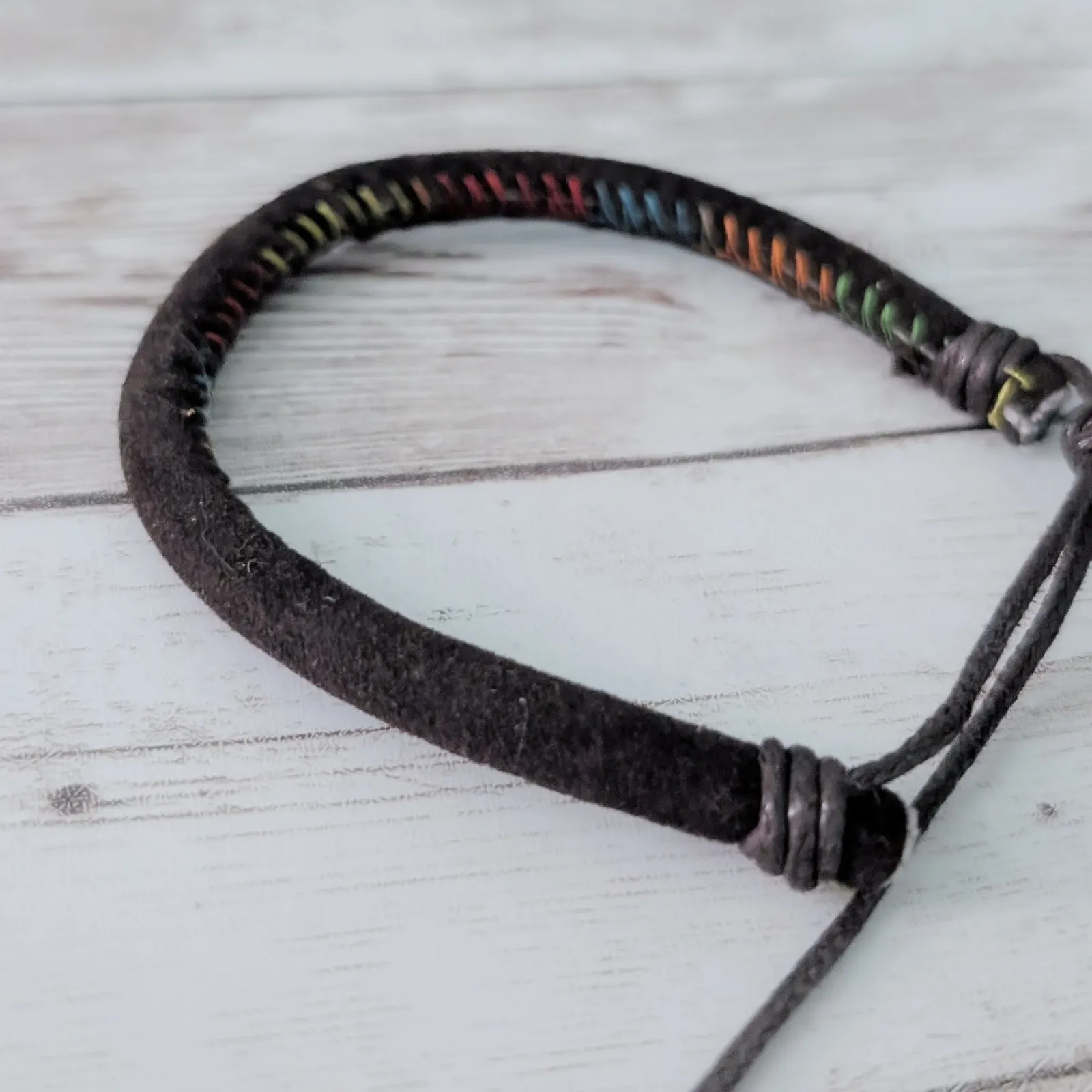 Dark Brown Adjustable Bracelet with Multi Colored Stitching - Image 5