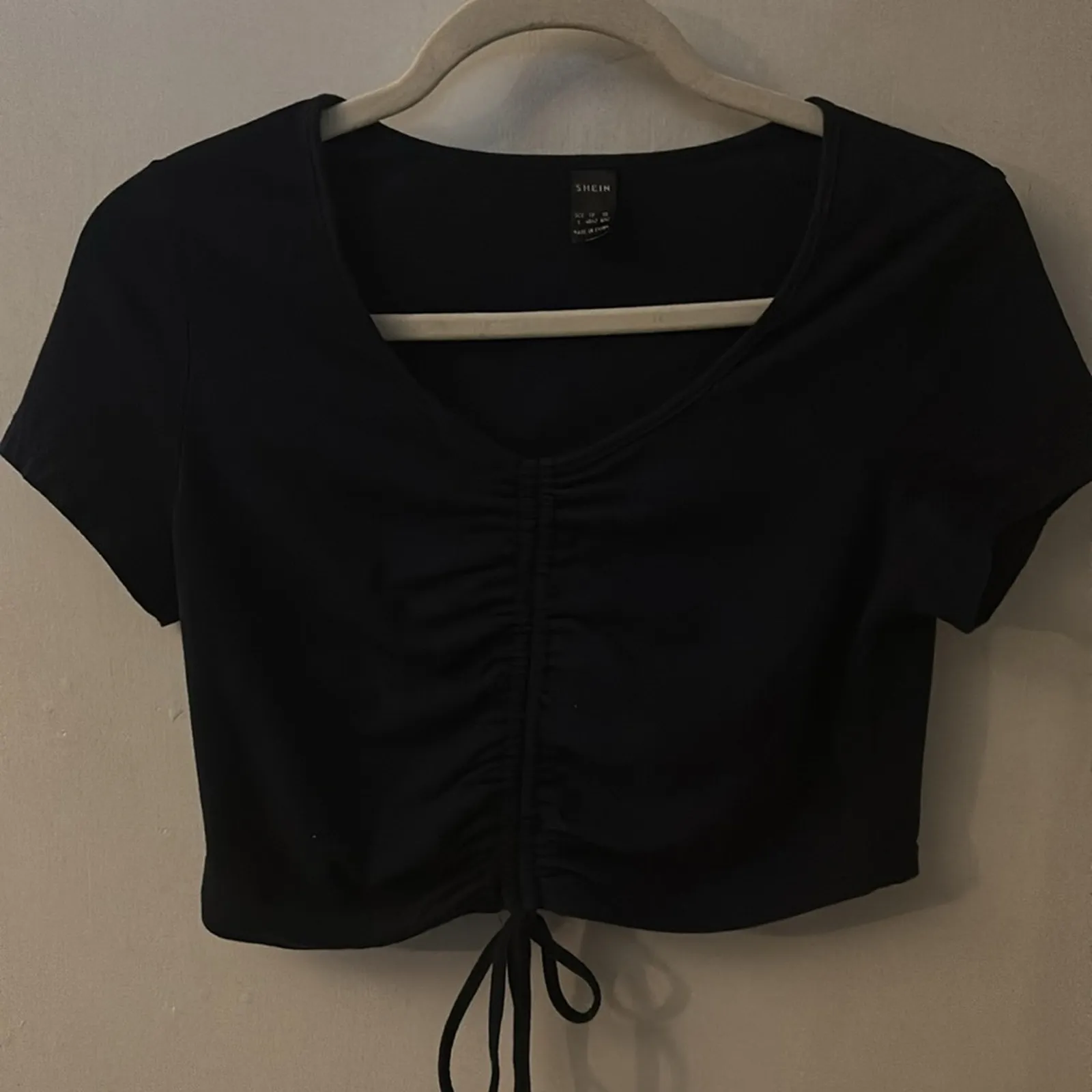 SHEIN Navy Shirred Tie Front Crop Top L Casual Boho Costal Cowgirl Festival - Image 3