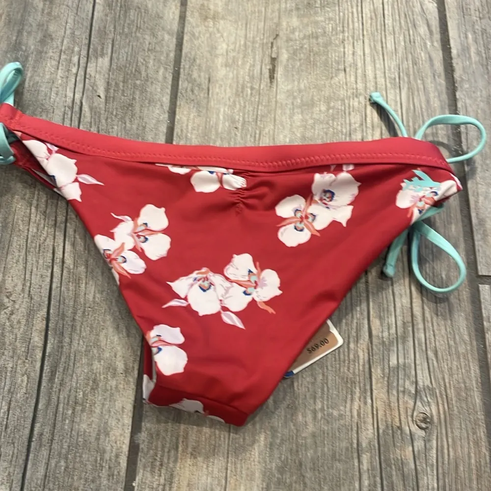 Patagonia Red Floral Bikini Bottom with Blue Ties - Image 3